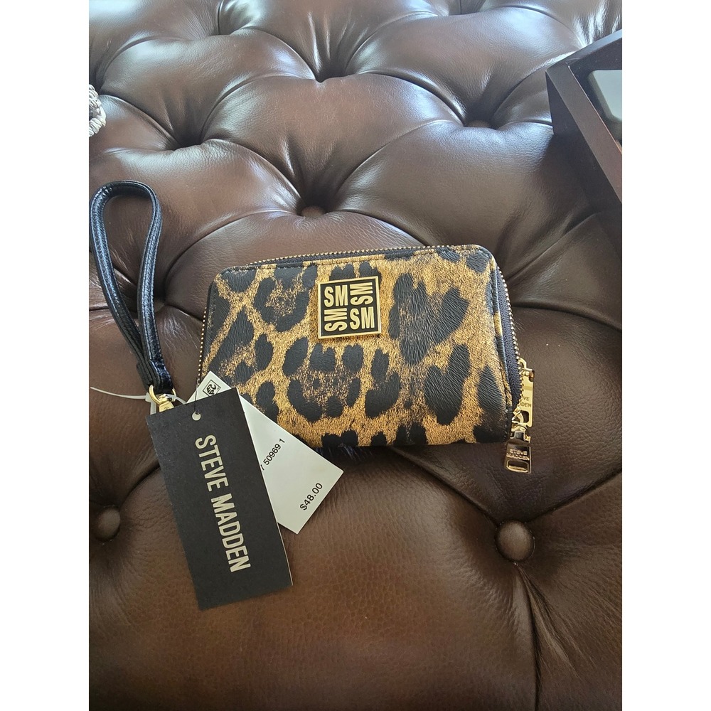 Steve Madden Leopard Print Double Zip Around Wristlet Wallet Gold Hardware NWT